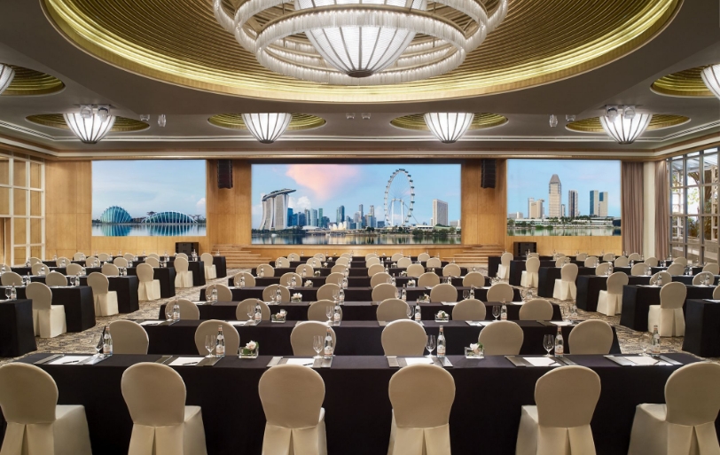 Grand ballroom converted to a meeting space in Ritz-Carlton hotel